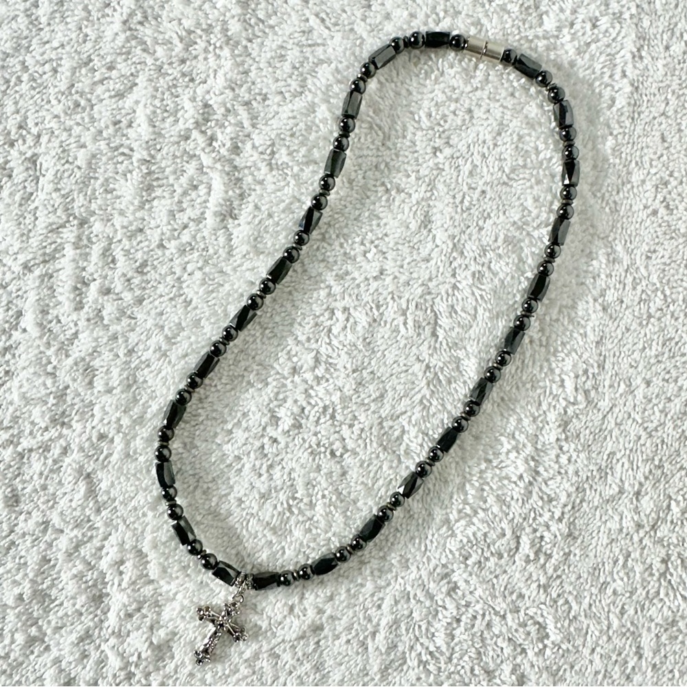 5/$35 Handmade Metallic Magnetic Beaded Necklace With Cross Pendant